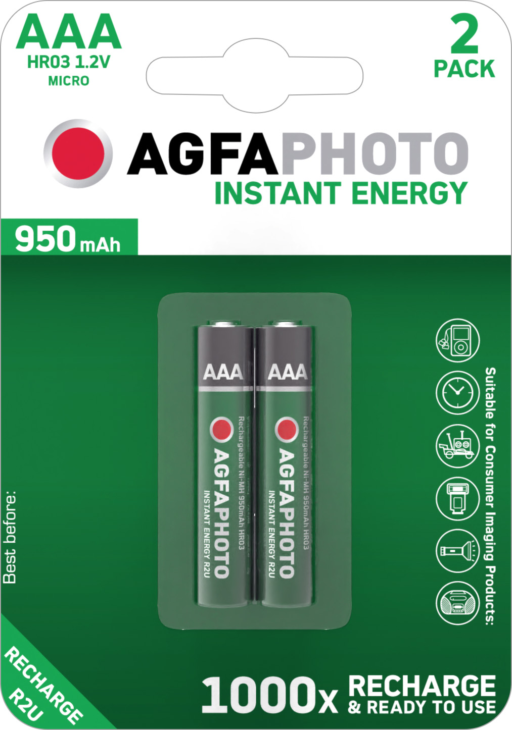 Agfaphoto Akku NiMH, Micro, AAA, HR03, 1.2V/950mAh Instant Energy, Pre-charged, Retail Blister (2-Pack)