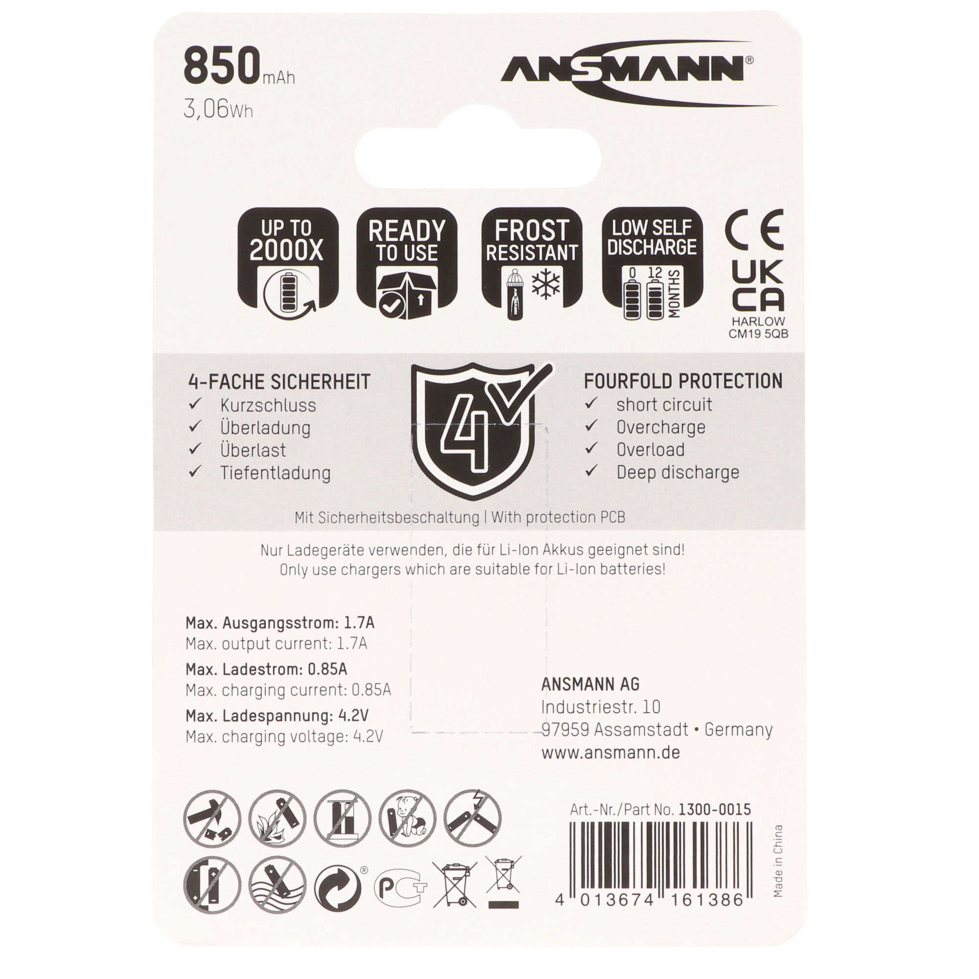Ansmann LiIon 16340 3,6V 850mAh 1,7×1,7x3,5cm mit Schutzbeschaltung und Micro-USB-Eingang