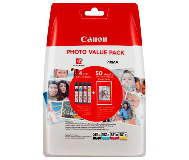 Canon Tintenpatronen Value-Pack CLI-581XL BK/C/M/Y inkl. 50 Blatt Fotopapier 10x15cm