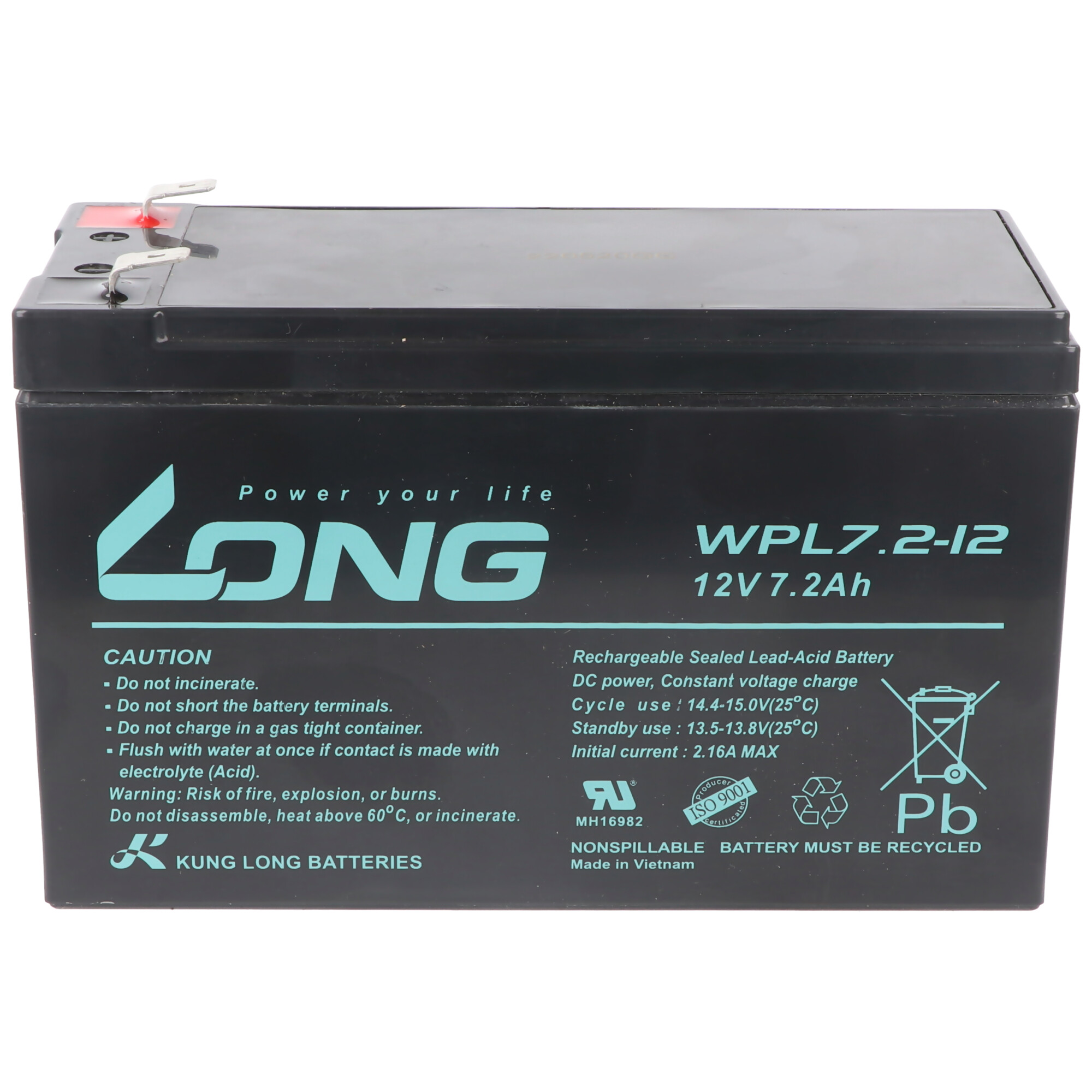 Kung Long WPL7.2-12 F2 Longlife Blei-Vlies-Akku, 12Volt, 7,2Ah mit 6,3mm Faston Anschluss