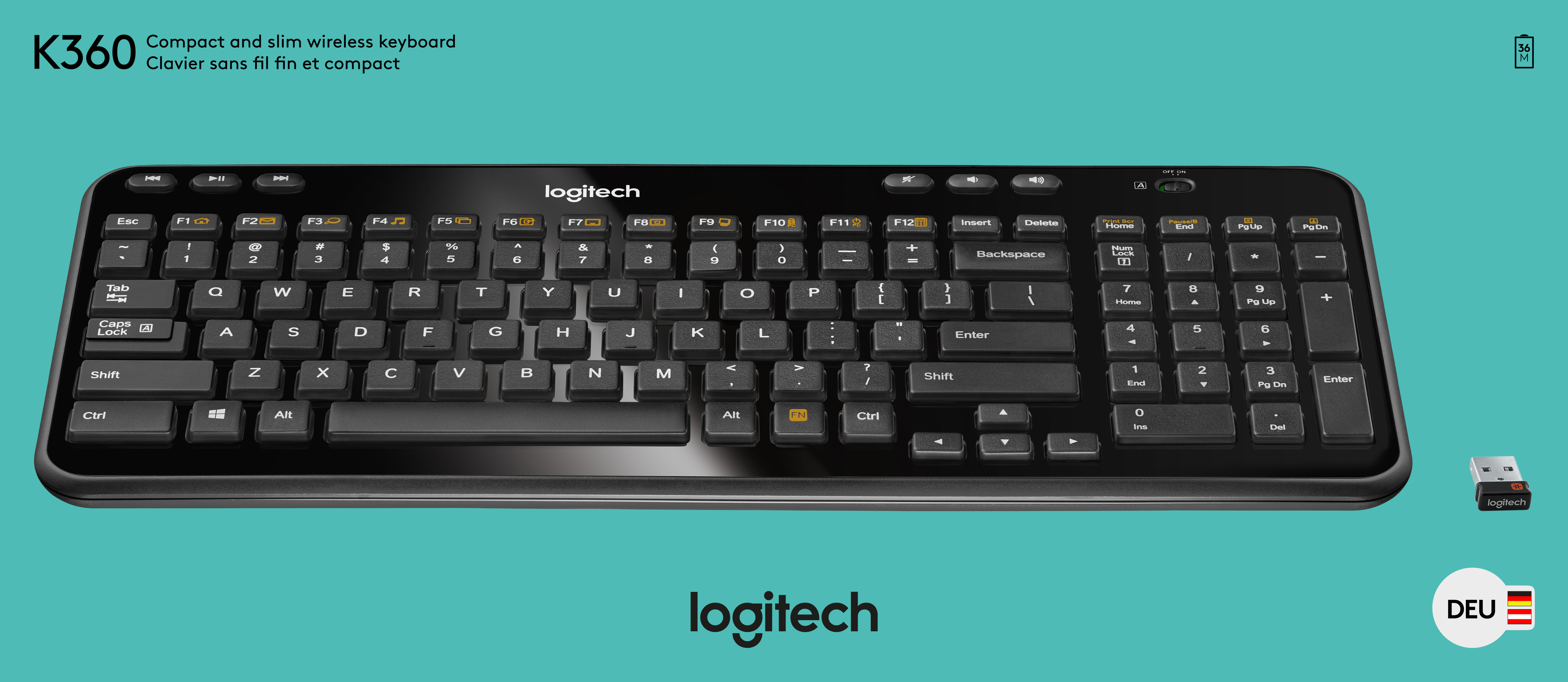 Logitech Tastatur K360, Wireless, Unifying, schwarz DE, Retail