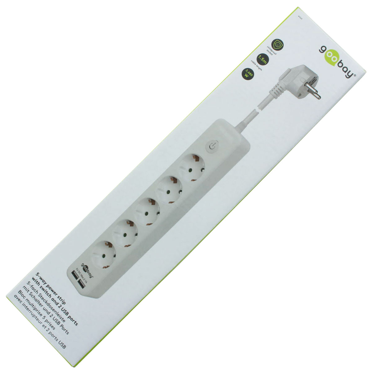 5-fach Steckdosenleiste mit Schalter und 2 USB-Ladeports 2,1A, mit Kindersicherung
