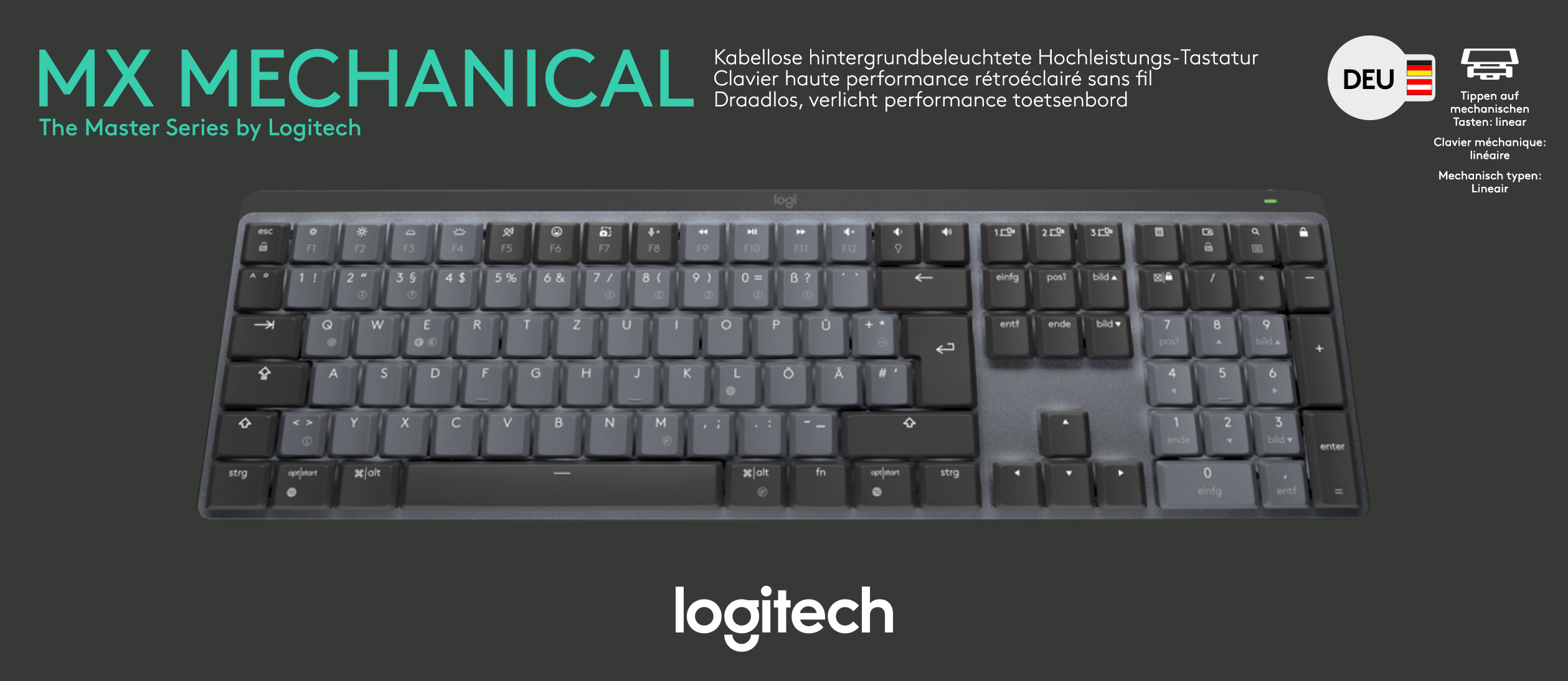 Logitech Tastatur MX Mechanical, Wireless, Bolt, Bluetooth Illuminated, Linear, Akku, DE, grafit, Business