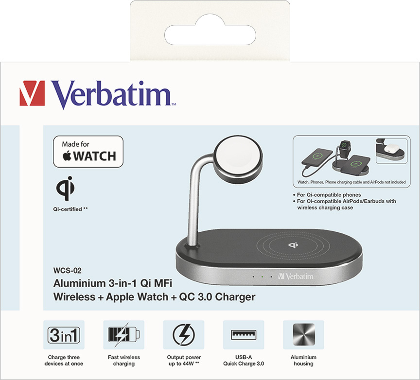 Verbatim Wireless Charger, 3-in-1, Qi, MFi, WCS-02, schwarz 1x Smartphone, 1x Smartwatch, 1x USB Typ-A QC, Retail