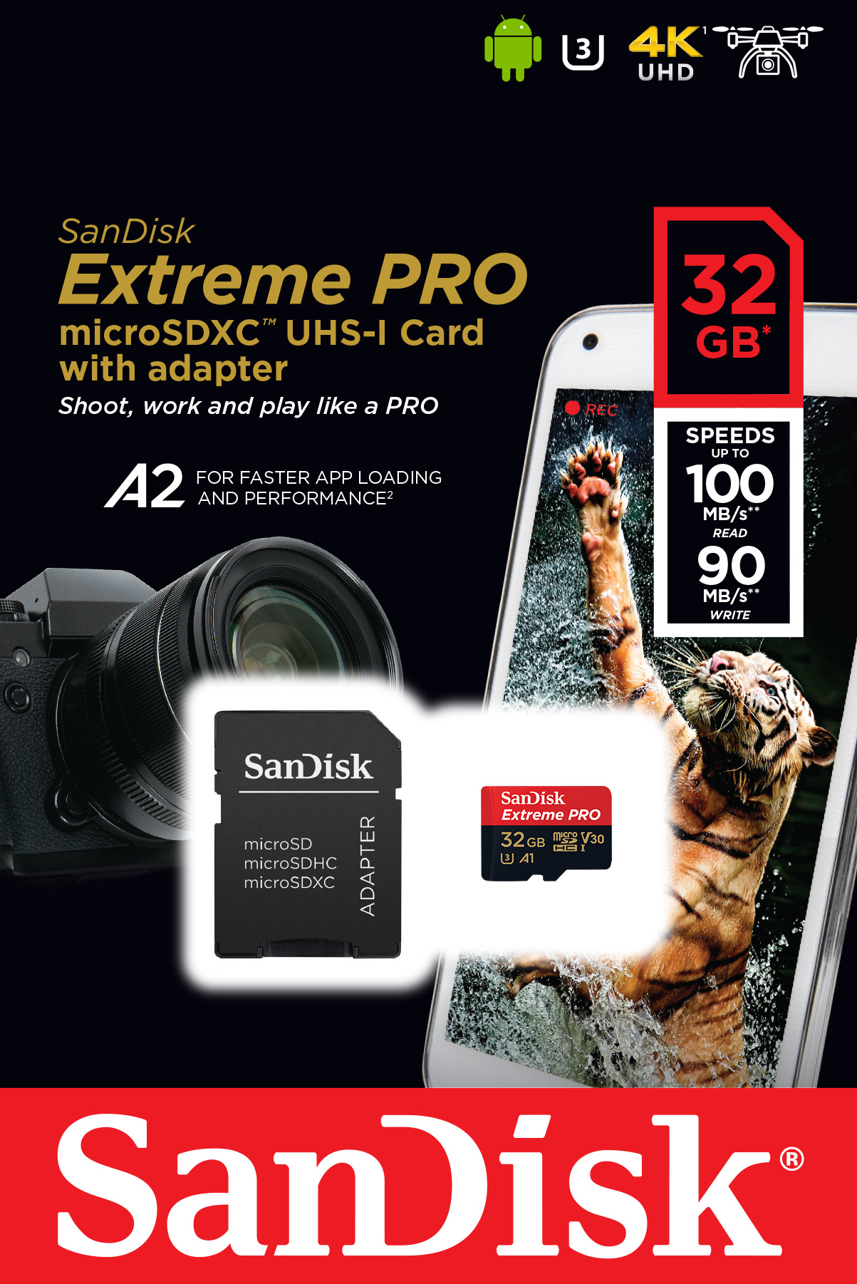 Sandisk microSDXC Card 32GB, Extreme PRO, U3, A1, 4K UHD (R) 100MB/s, (W) 90MB/s, SD Adapter, Retail-Blister