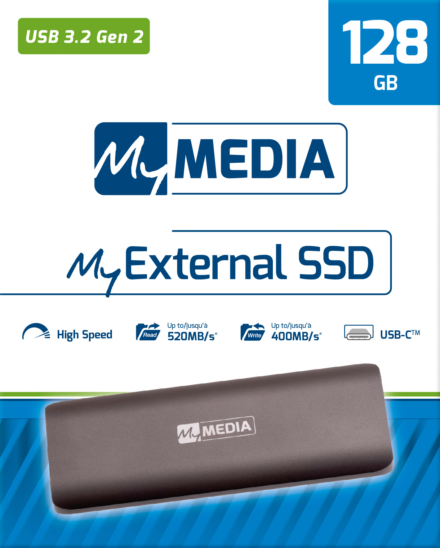 Mymedia SSD 128GB, USB 3.1, Typ A-C, Mini (R) 520MB/s, (W) 500MB/s, Retail-Blister