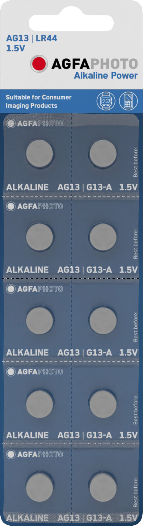 Agfaphoto Batterie Alkaline, Knopfzelle, LR44, V13GA, 1.5V Power, Retail Blister (10-Pack)
