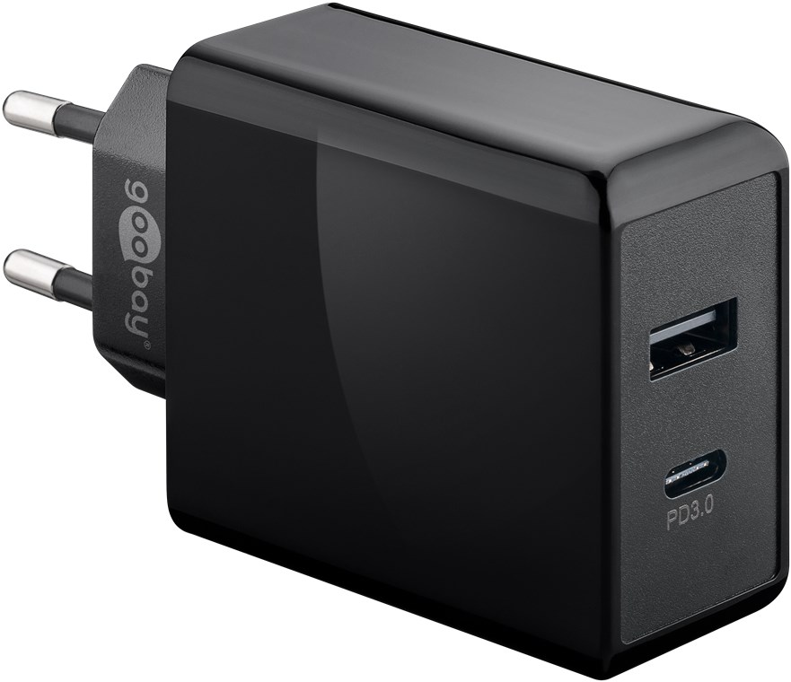 Goobay Dual USB-C™ PD (Power Delivery) Schnellladegerät (28W) schwarz - geeignet für Geräte mit USB-C™ (Power Delivery) 18W oder herkömmlichen USB-A Anschluss 10W wie z.B. iPhone 12