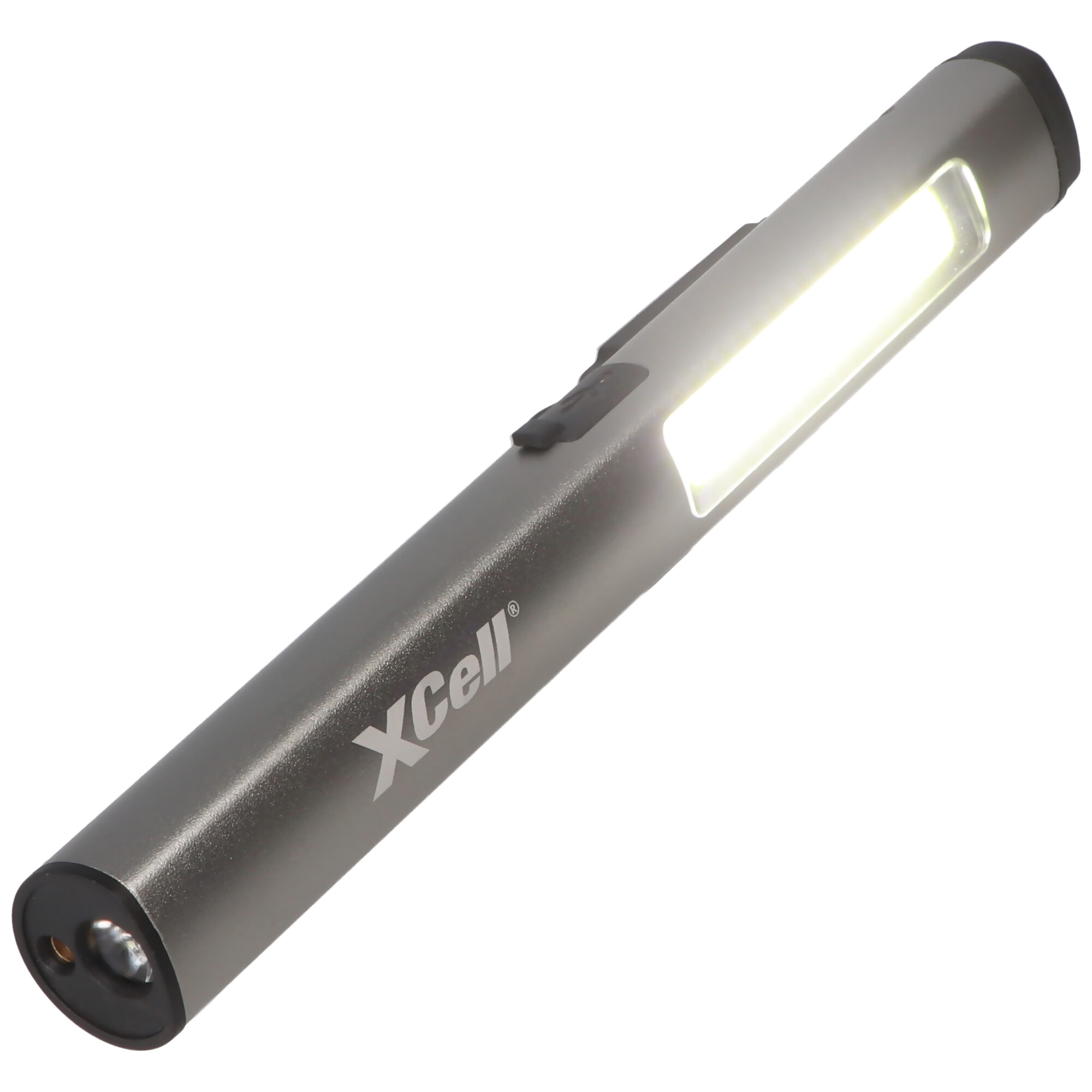 LED Taschenlampe mit zusätzlichem UV- und Laserlicht sowie seitlicher LED-Lichtleiste, magnetischer Clip, integrierter Akku sowie USB-C Ladefunktion