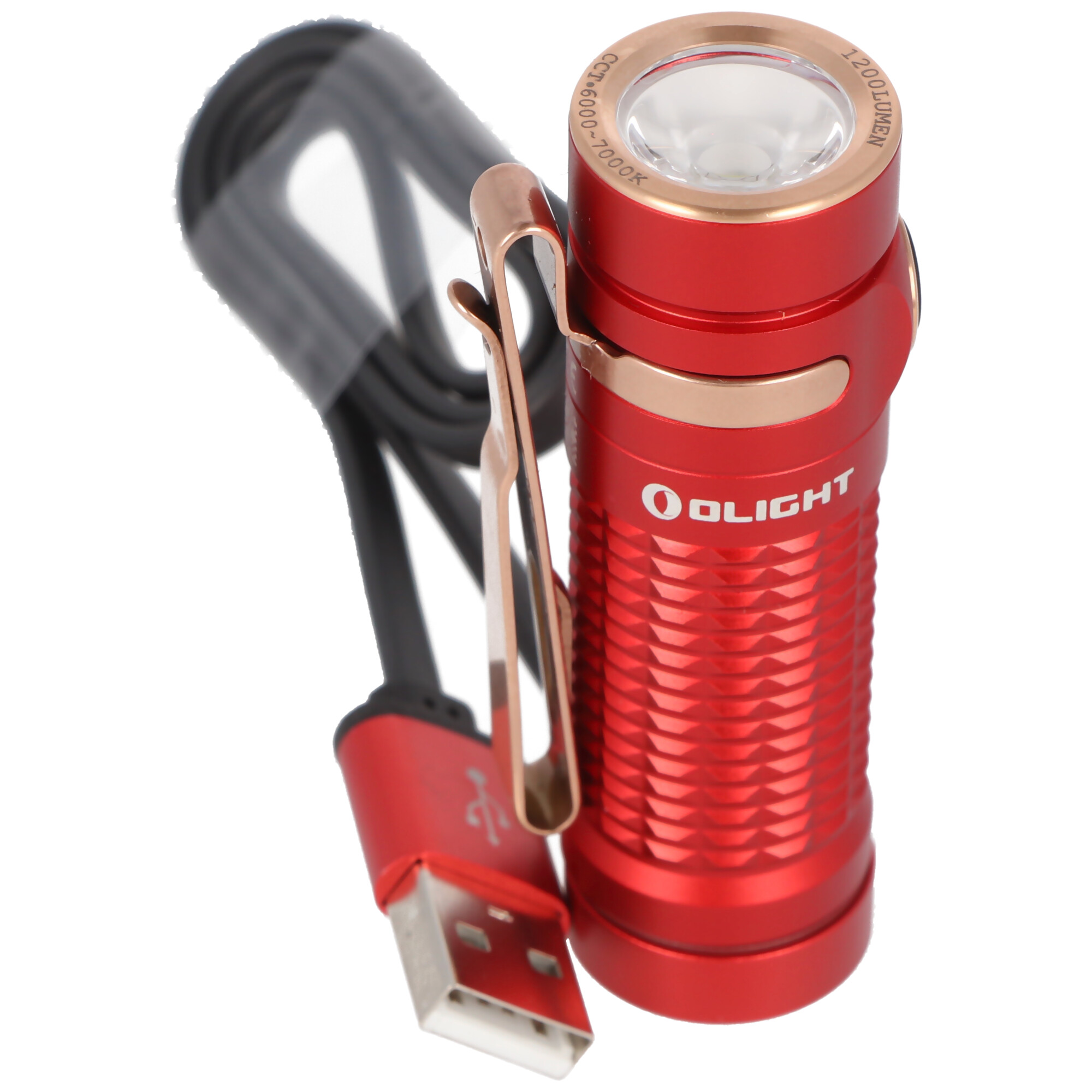 Olight Baton 3 LED-Taschenlampe, 1200 Lumen, wiederaufladbar, rutschfestes Texturdesign, inklusive IMR16340 3,7V 550mAh Akku und Ladekabel, rot