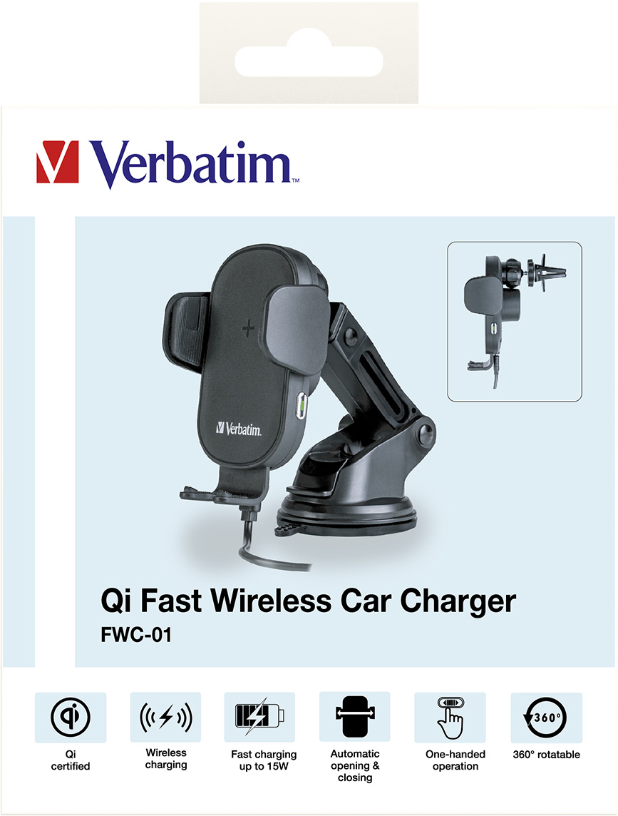 Verbatim Fast Wireless Charger, KFZ, Qi, 9V/12V, FWC-01 Kabel USB Typ-A-C, 1m, schwarz, Retail