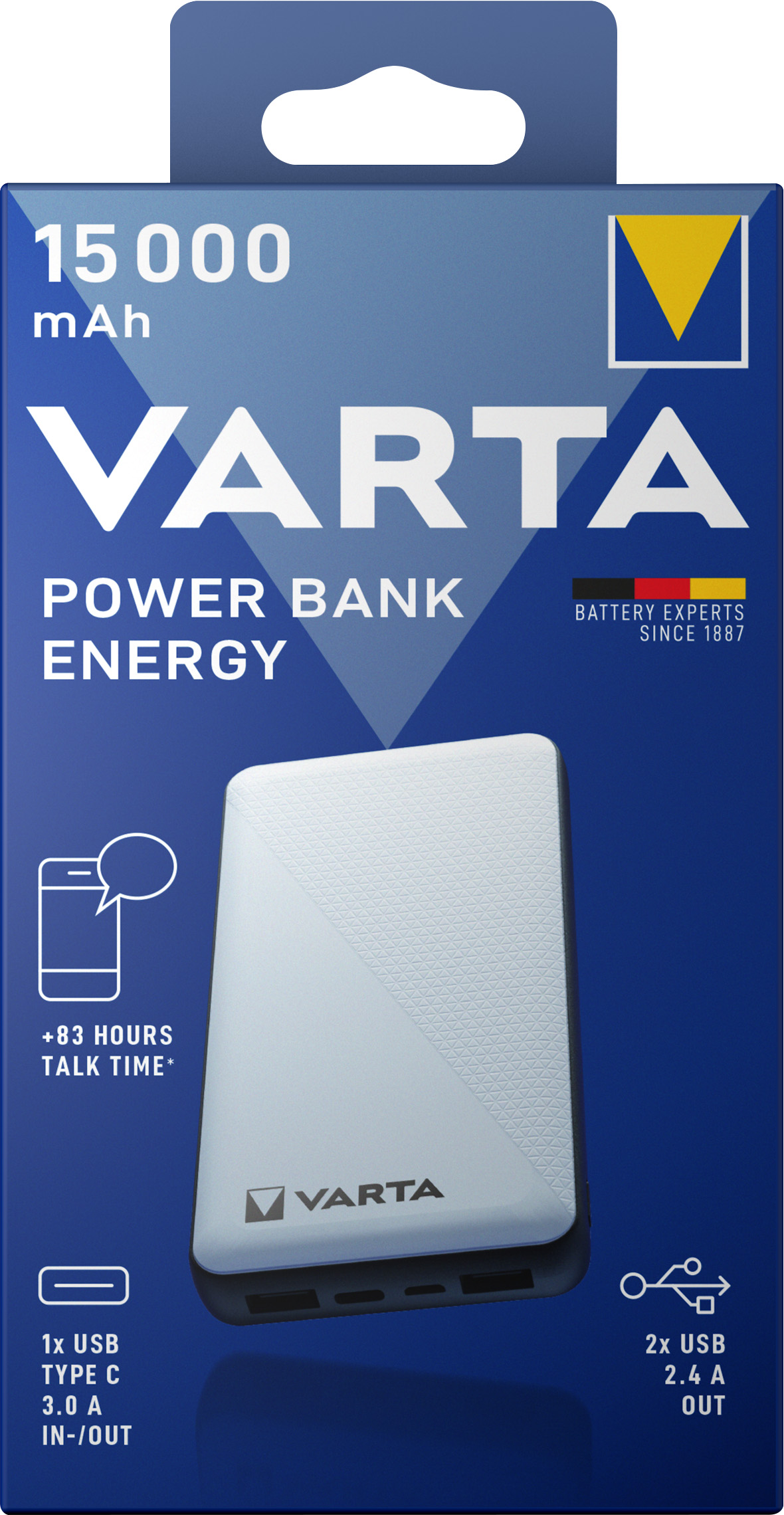 Varta Akku Powerbank, 5V/15.000mAh, Energy, weiss 2xUSB-A/Micro-B/-C