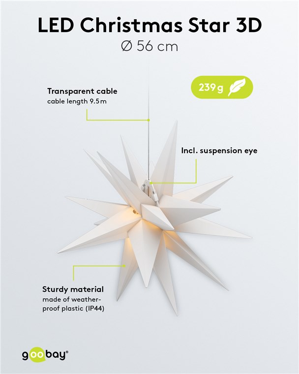 Goobay LED-Weihnachtsstern 3D, Ø 56 cm, 4,5-V-Außentrafo - Außenstern mit Timer und 18 Zacken, warmweiß (3000 K), aus wetterfestem Kunststoff (IP44), Kabel 9,5 m