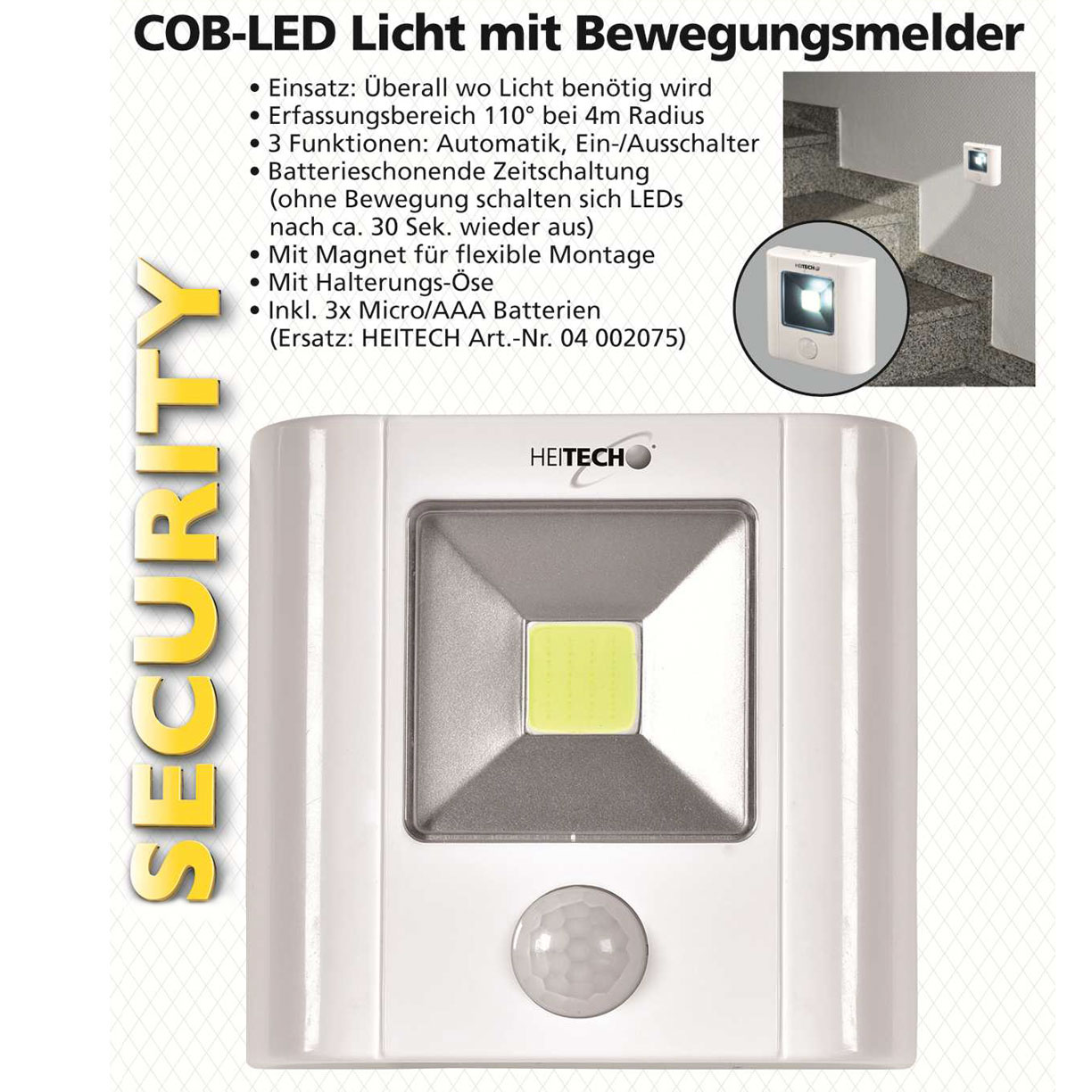 Bewegungsmelder mit dem COB-LED Licht Automatik, Ein-/ Ausschalter mit Batterieschonender Zeitschaltung