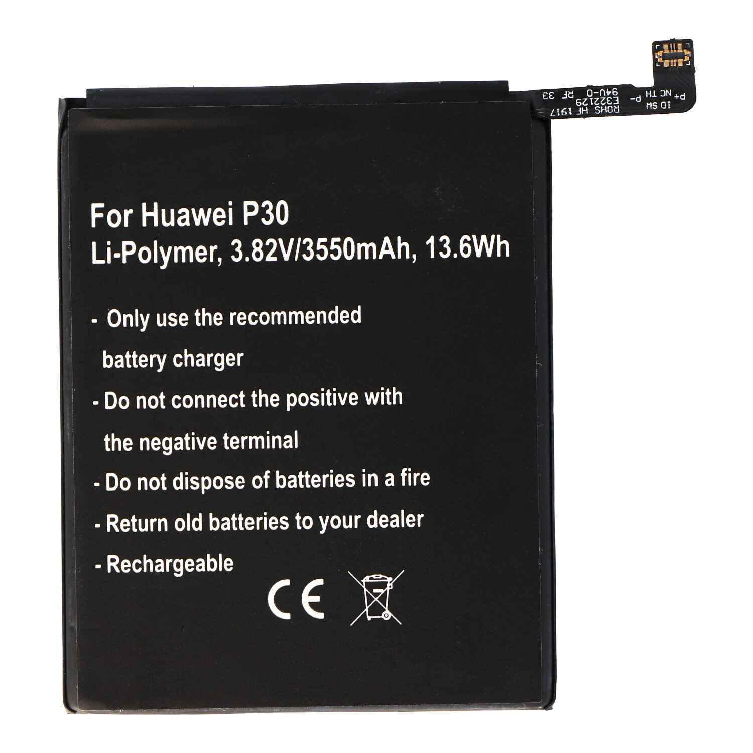 Akku passend für Huawei P30 Li-Polymer, 3,82V, 3550mAh, 13,6Wh, built-in, ohne Werkzeug