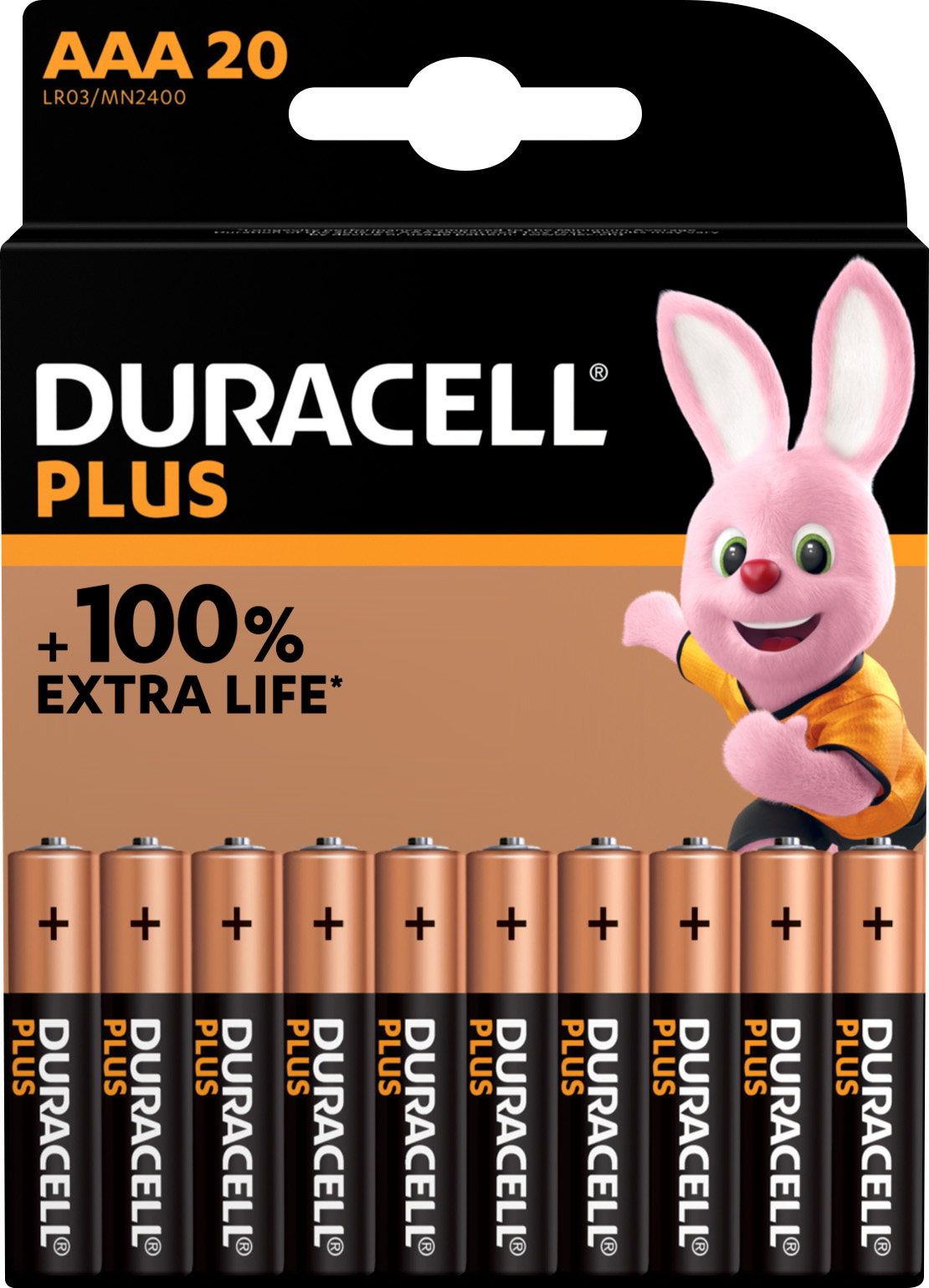 Duracell Batterie Alkaline, Micro, AAA, LR03, 1.5V Plus, Extra Life, Retail Blister (20-Pack)