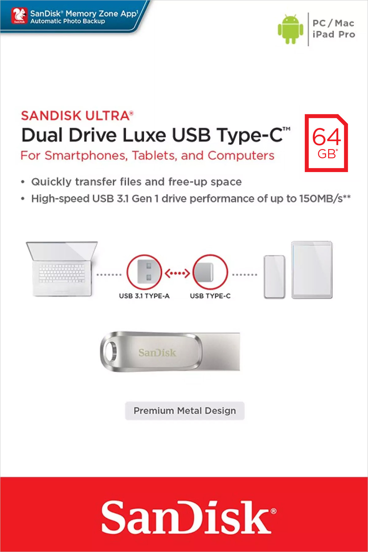 Sandisk USB 3.1 OTG Stick 64GB, Dual Drive Luxe Typ-A-C, (R) 150MB/s, Memory Zone, Retail-Blister