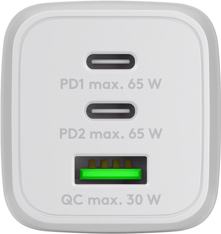 Goobay USB-C™ PD Multiport-Schnellladegerät Nano (65 W) weiß - 2x USB-C™-Anschlüsse (Power Delivery) und 1x USB-A-Anschluss (Quick Charge 3.0) - weiß