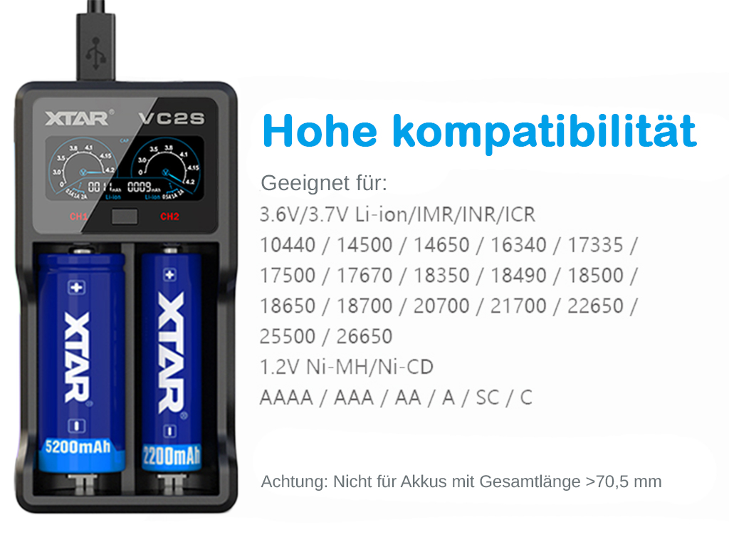 Xtar VC2S - Ladegerät für Li-Ion und NIMH Akku inklusive USB-Kabel