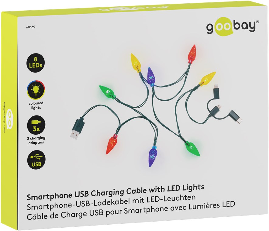 Goobay Smartphone-USB-Ladekabel mit LED-Leuchten - mit 8 bunten Leuchten, lädt gängige Android-Smartphones, iPhones, USB-C™- und Micro-USB-Geräte