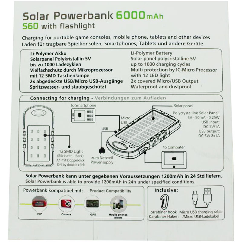 Solar Powerbank mit bis zu 6000mAh Kapazität für Smartphone und andere USB-ladefähige Geräte