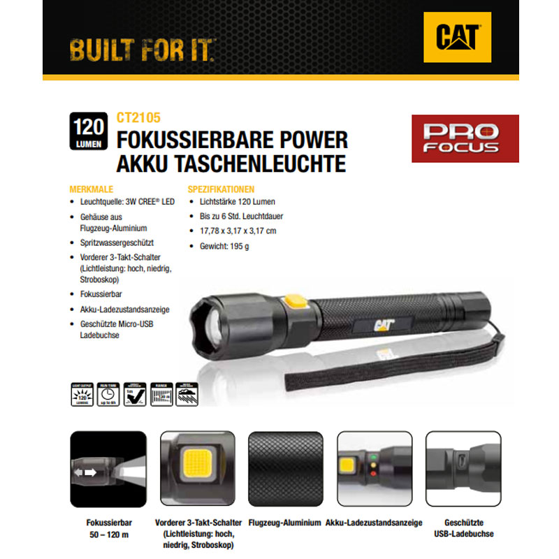 CAT CT2105 fokussierbare Power Akku-Taschenlampe mit Micro-USB Ladebuchse