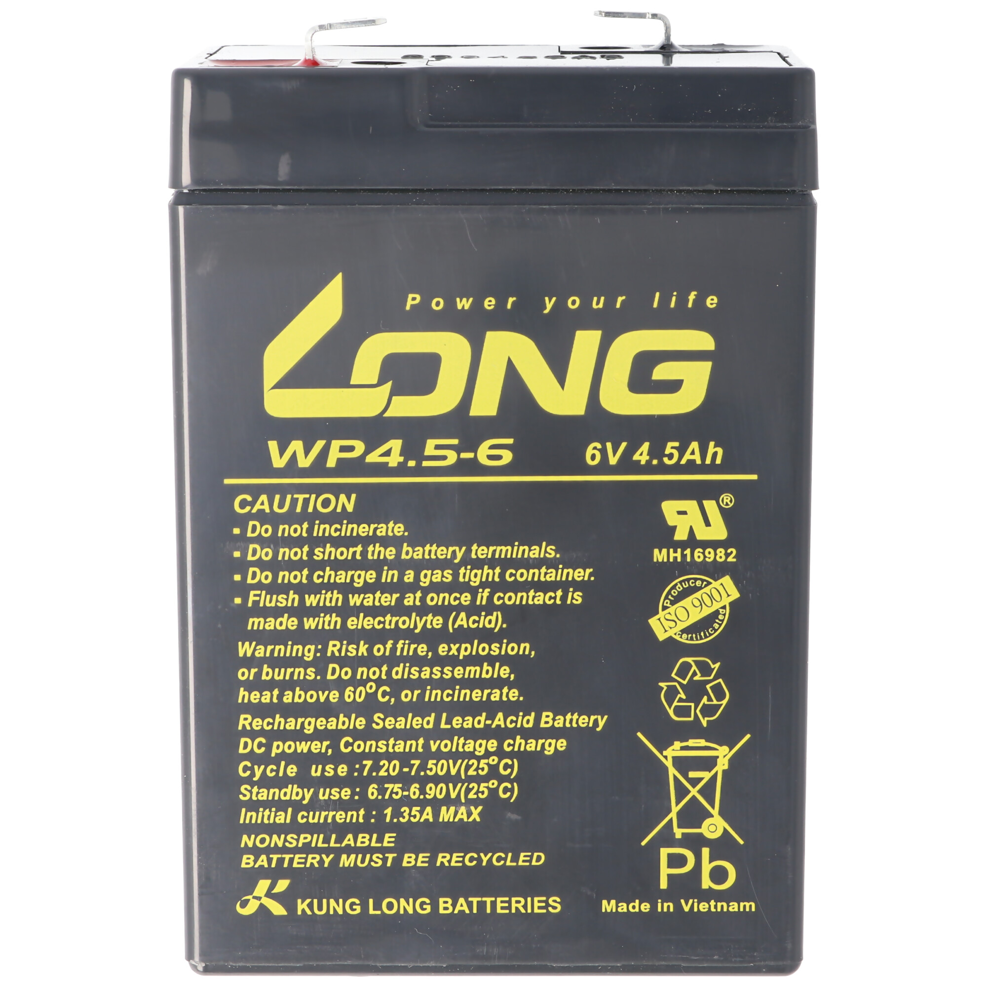 Kung Long WP4.5-6 Blei Akku 6 Volt 4,5Ah mit Faston 4,8mm Steckkontakt Abmessungen LxBxH 70x47x101mm