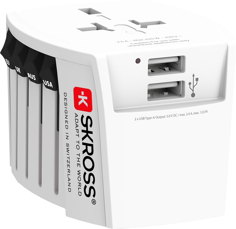 Skross World Adapter MUV USB 2xA - Kompakter 2-poliger Weltreiseadapter  mit 2 integrierten USB-Anschlüsse