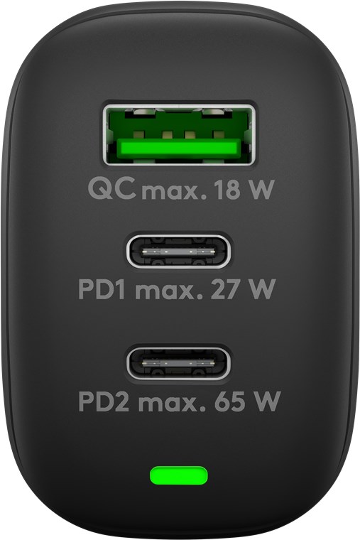 Goobay USB-C™ PD 3-fach Multiport-Schnellladegerät (65 W) schwarz - 2x USB-C™-Anschlüsse (Power Delivery) und 1x USB-A-Anschluss (Quick Charge) - schwarz