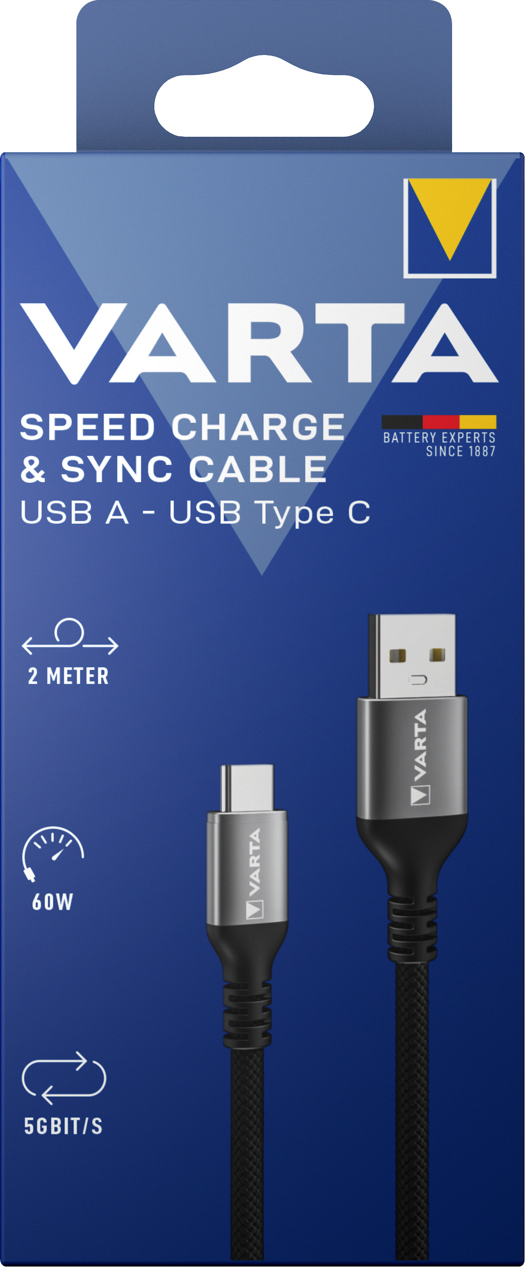Varta Kabel, USB-A/USB-C, 2.0m 60W, 5Gbit/s, schwarz, Retail-Blister