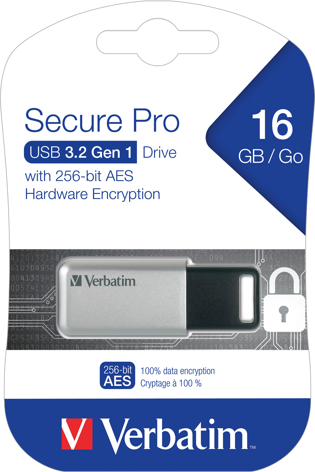Verbatim USB 3.0 Stick 16GB, Secure Pro, Silber (R) 100MB/s, (W) 35MB/s, AES 256-Bit, Retail-Blister