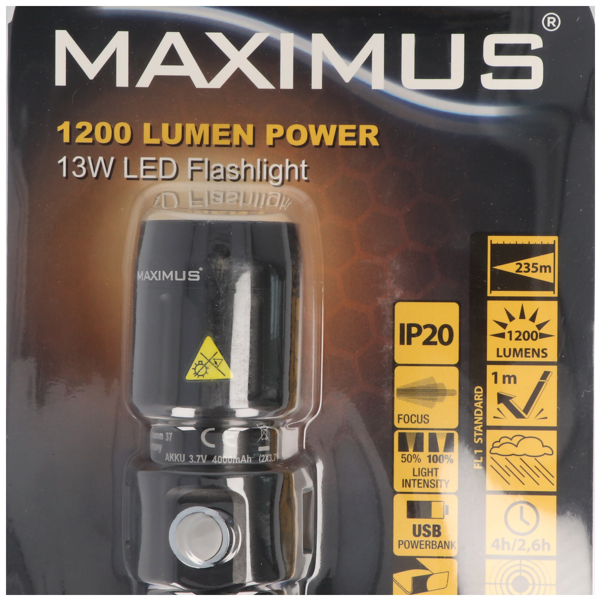 LED Taschenlampe M-FL-006B Maximus 235m Leuchtweite, 1200 Lumen, inklusive 18650 Akku, mit USB Ladefunktion