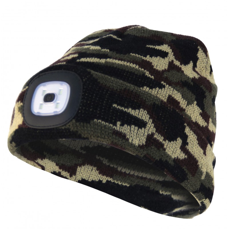 Größe XS, extra kleine Mütze mit LED-Frontleuchte, Strickmütze mit LED-Licht ideal zum Joggen, Campen, Arbeiten, Spazieren etc., wiederaufladbar per USB und waschbar, tarnfarben camouflage