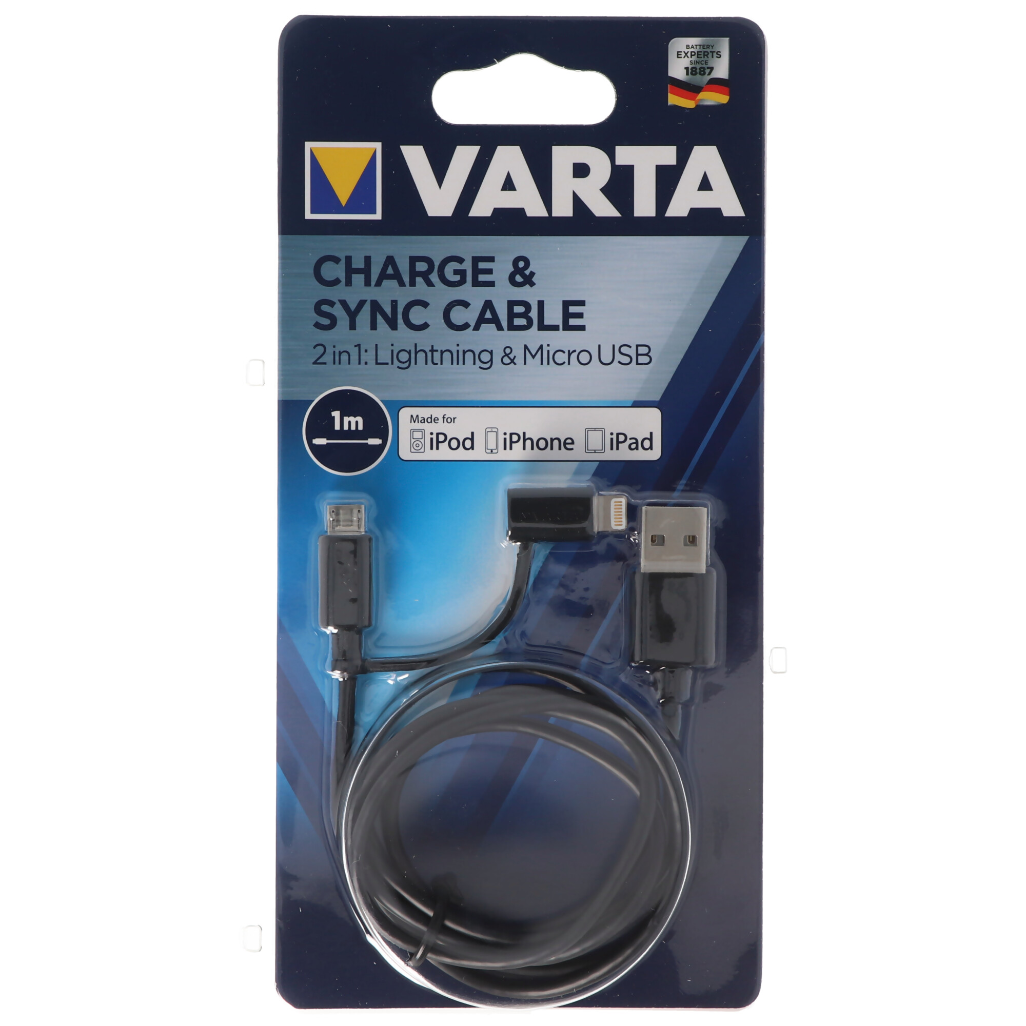 Varta 2in1 Lade- und Sync Kabel USB zu Micro USB und zu Lightning 100cm, Made for iPod, iPhone, iPad