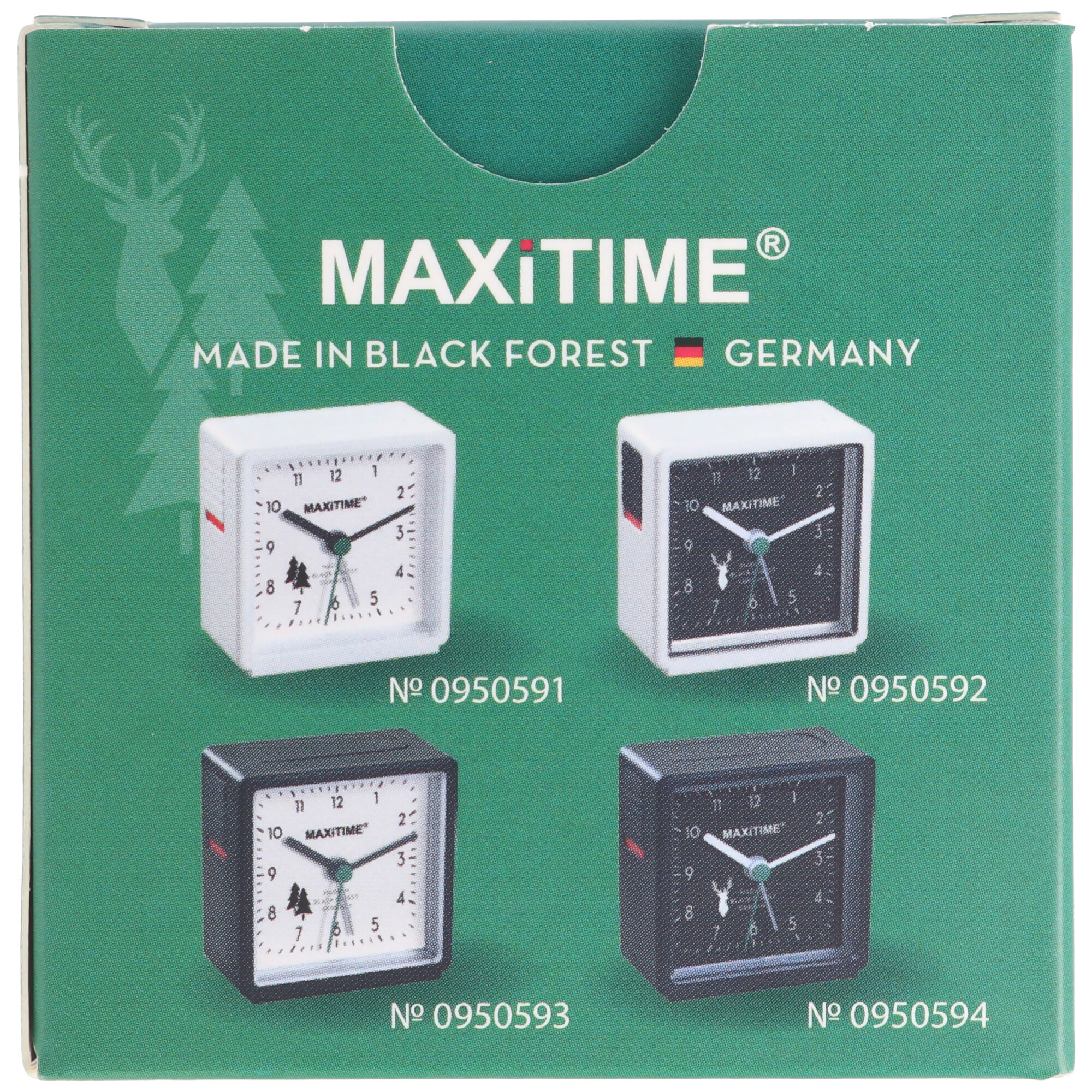 Quartz Wecker weiss mit Licht, mit schwarzem Ziffernblatt, mit Batterie, Made in Germany, Made in Black Forest