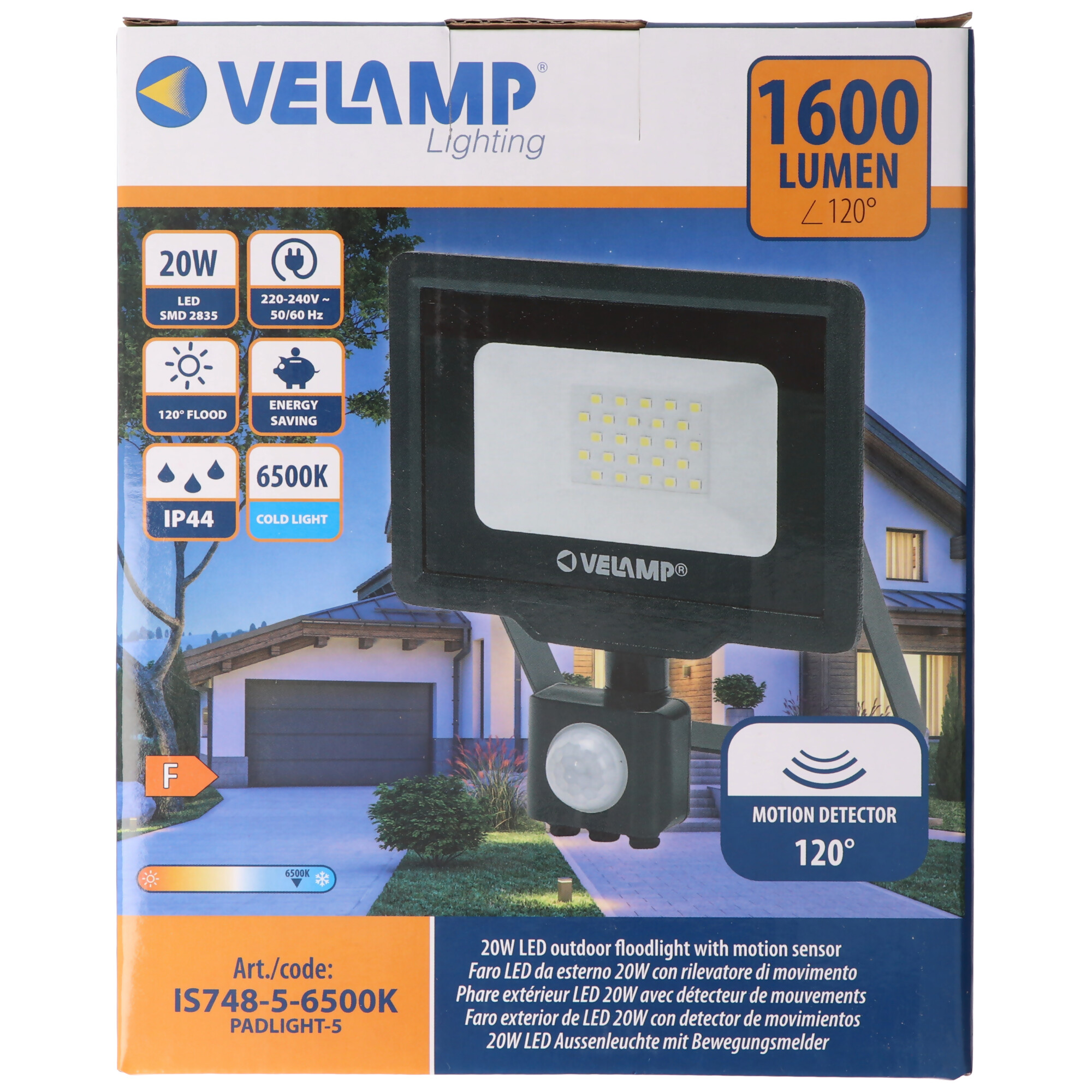 Velamp PADLIGHT5, SMD 20W IP44 LED-Strahler, schwarz, 6500K. Mit IR-Sensor