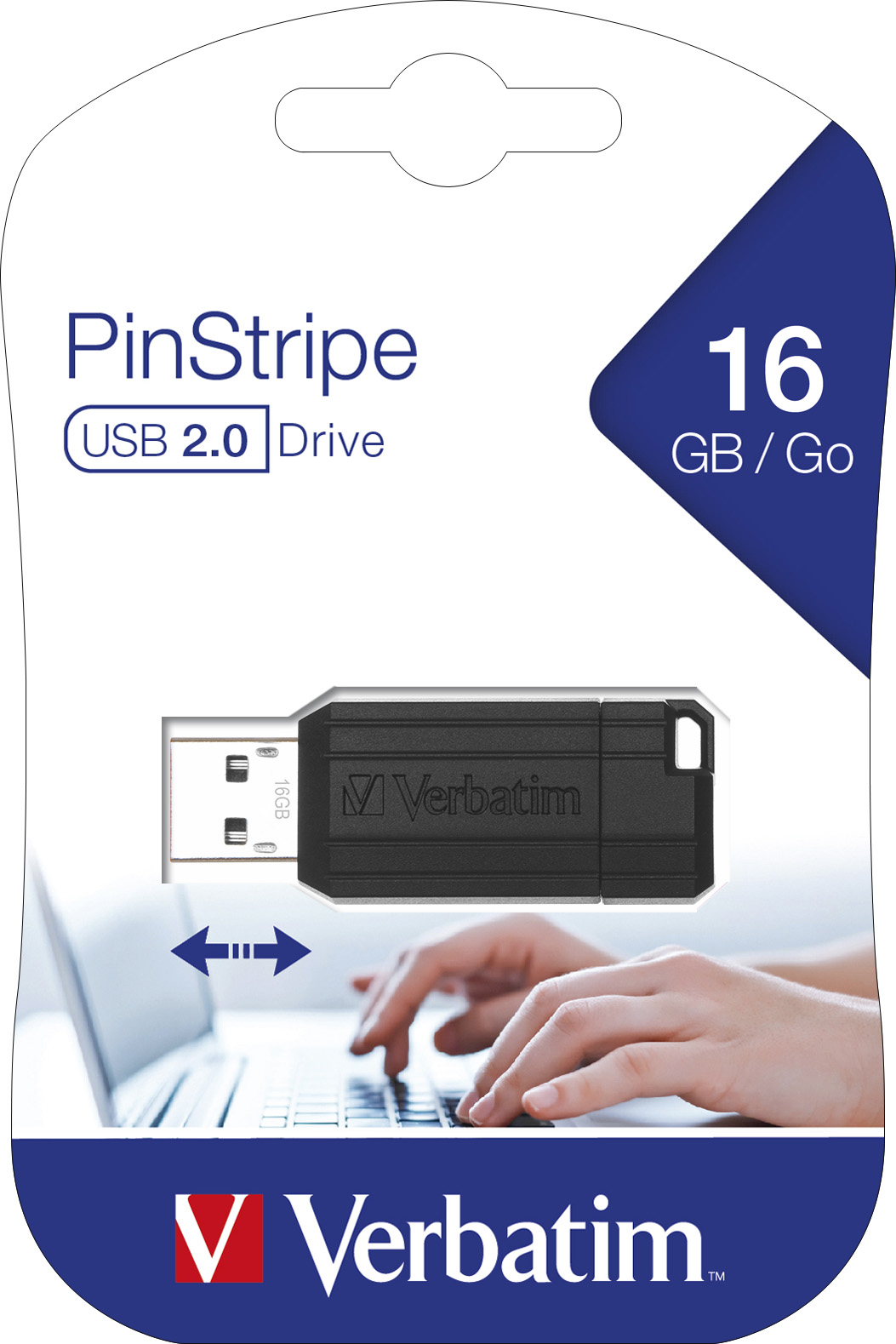 Verbatim USB 2.0 Stick 16GB, PinStripe, schwarz (R) 8MB/s, (W) 2.5MB/s, Retail-Blister
