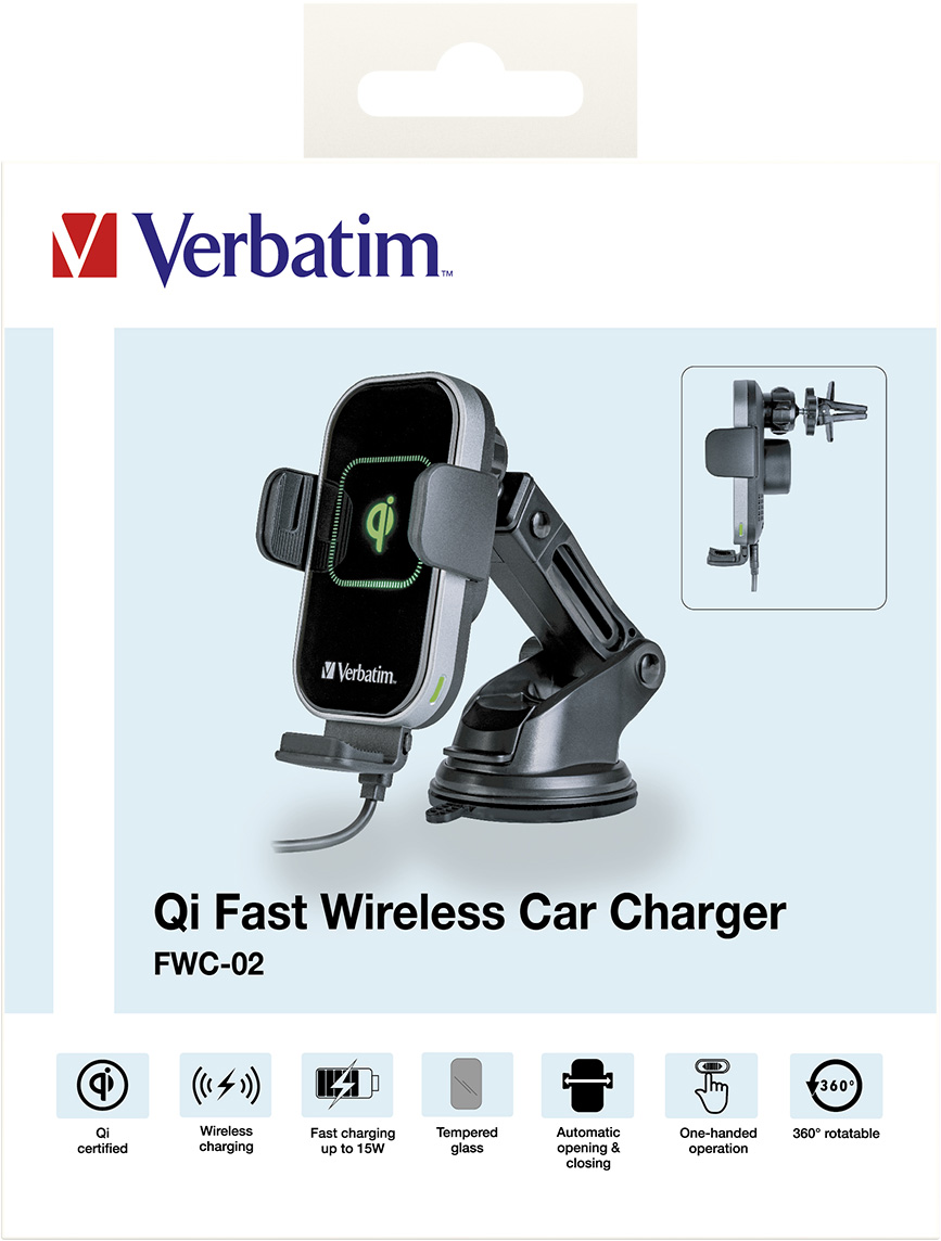 Verbatim Fast Wireless Charger, KFZ, Qi, 9V/12V, FWC-02 Kabel USB Typ-A-C, 1m, schwarz, Retail