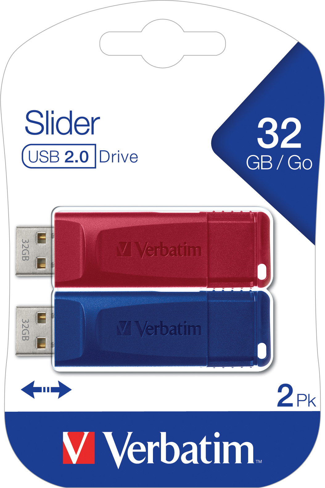 Verbatim USB 2.0 Stick 32GB, Slider, rot-blau, Multipack (R) 10MB/s, (W) 4MB/s, Retail-Blister (2-Pack)