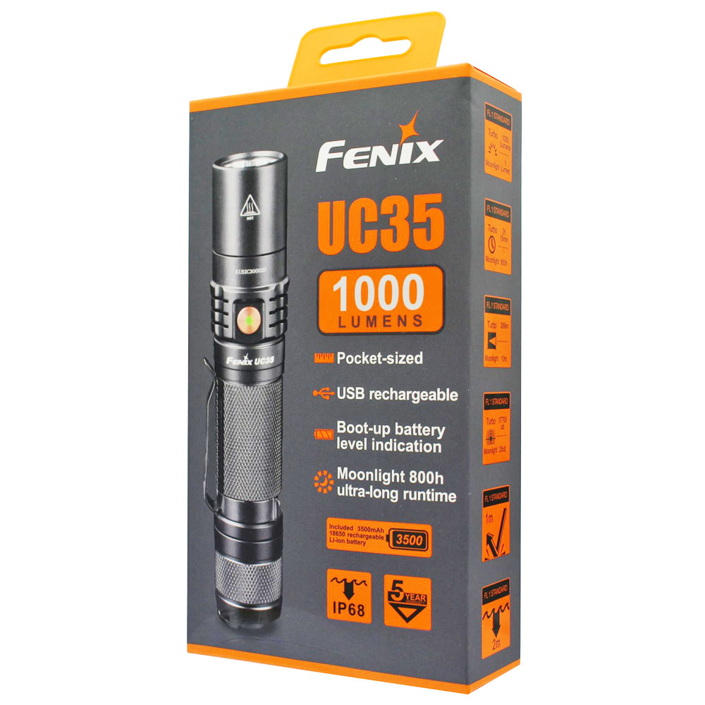 Fenix UC35 V2.0 LED Taschenlampe mit USB Anschluss, inklusive Li-Ion Akku 3500mAh und Ladekabel