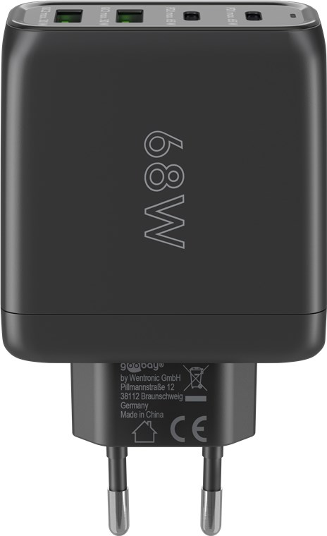 Goobay USB-C™ PD Multiport-Schnellladegerät (68 W) schwarz - 2x USB-C™-Anschlüsse (Power Delivery) und 2x USB-A-Anschlüsse (Quick Charge) - schwarz