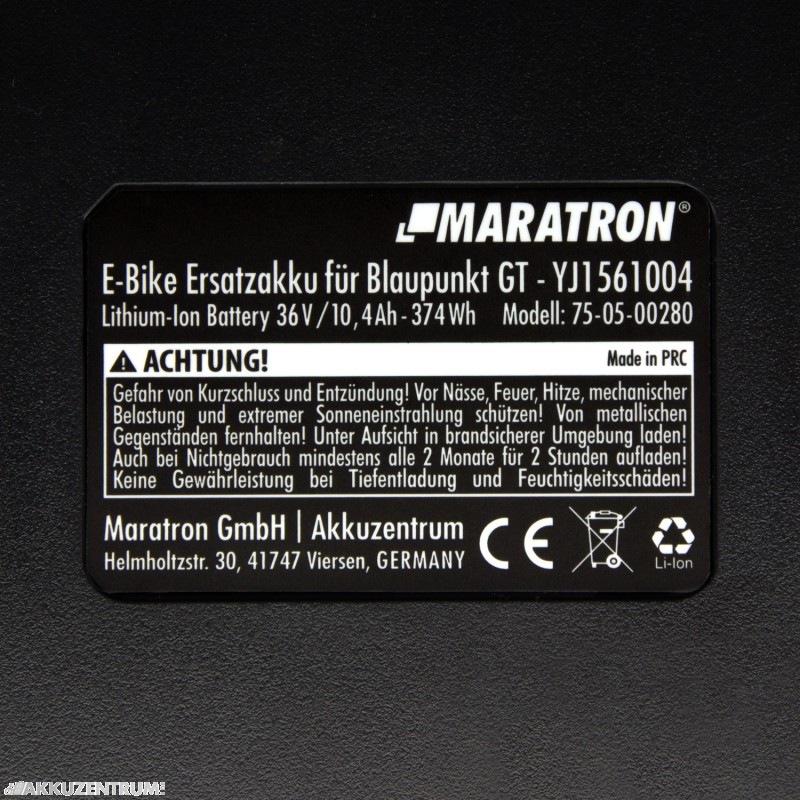 E-Bike Akku MARATRON Gepäckträgerakku YJ156 für Samsung SDI3610E & BLAUPUNKT  - 36V 10,4Ah - Gepäckträger