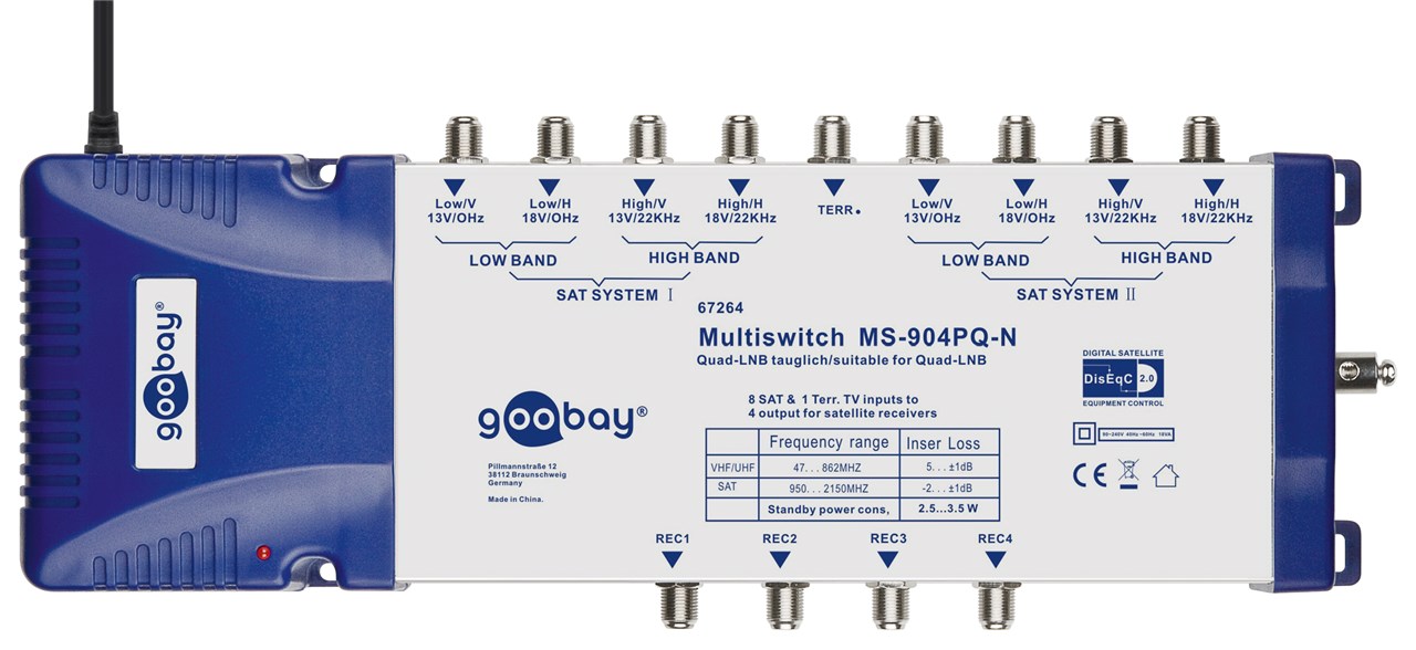 Goobay SAT-Multischalter 9 Eingänge/4 Ausgänge - Verteiler für max. 4 Teilnehmer von zwei Satelliten