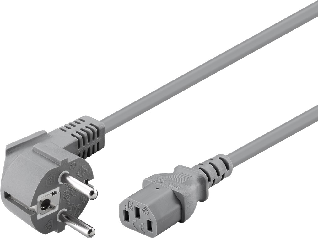 Goobay Abgewinkeltes Kaltgeräte-Anschlusskabel, 2 m, Grau - Schutzkontaktstecker (Typ F, CEE 7/7) > Gerätebuchse C13 (Kaltgeräteanschluss)
