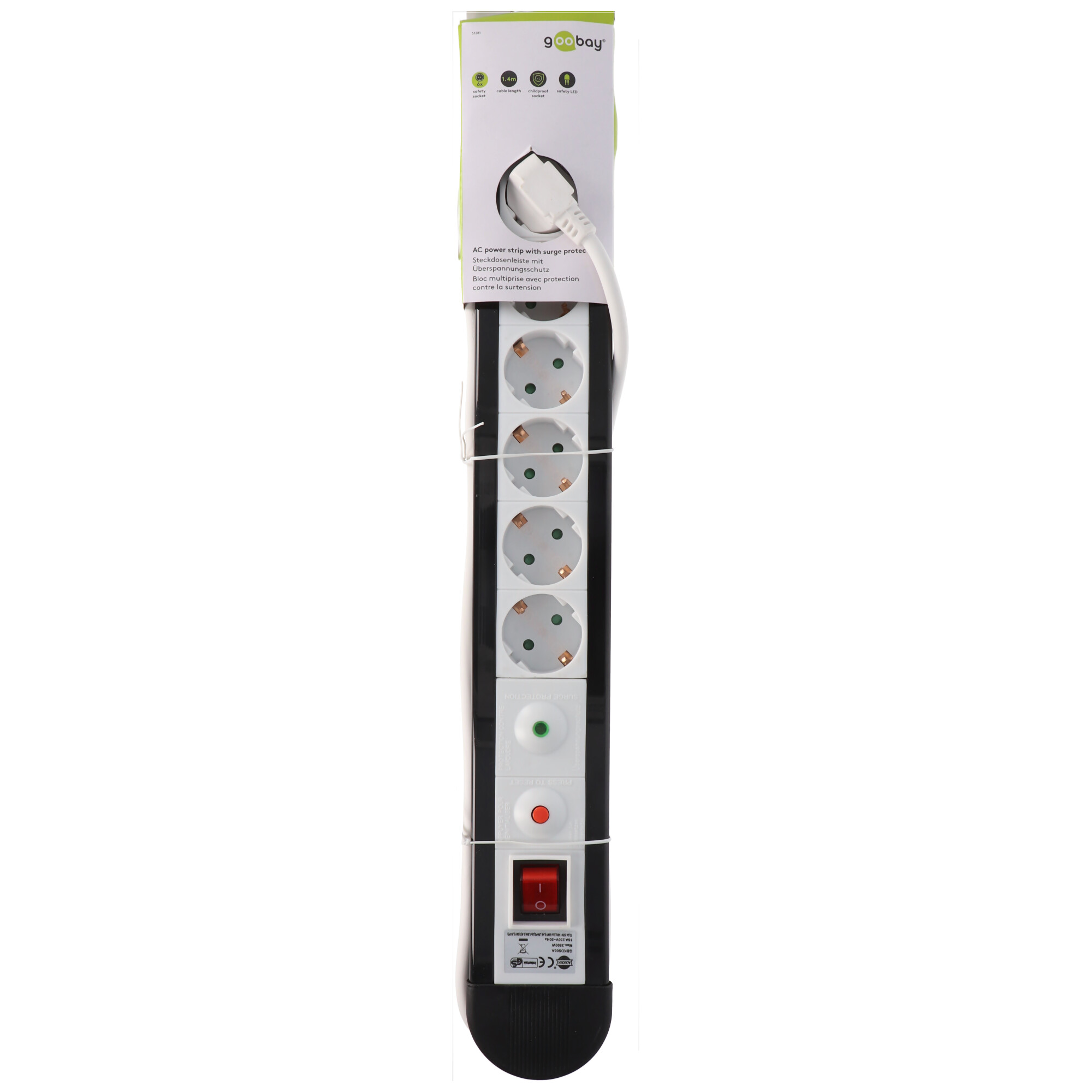 Überspannungsschutz-Steckdosenleiste 6x Schutzkontakt mit 1,4m Zuleitung und Schalter schwarz / weiß