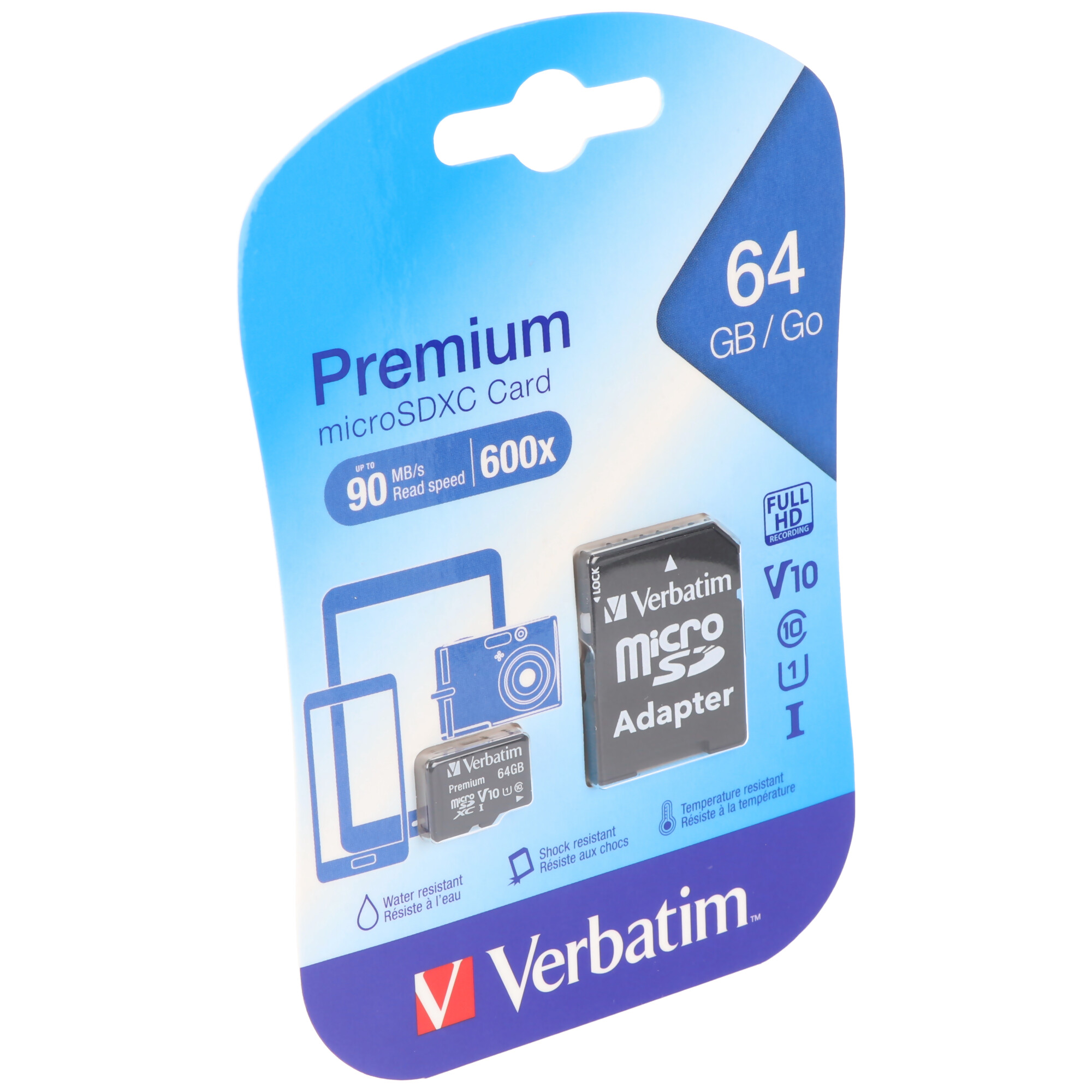 Verbatim microSDXC Card 64GB, Premium, Class 10, U1 (R) 90MB/s, (W) 10MB/s, SD Adapter, Retail-Blister