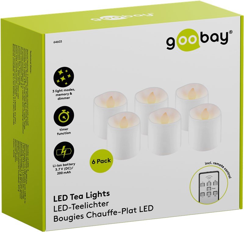 Goobay 6er-Set LED-Teelichter - Kerzen-Set mit Fernbedienung, für den Innenbereich (IP20), warmweiß (2700 K), Aufladung über USB