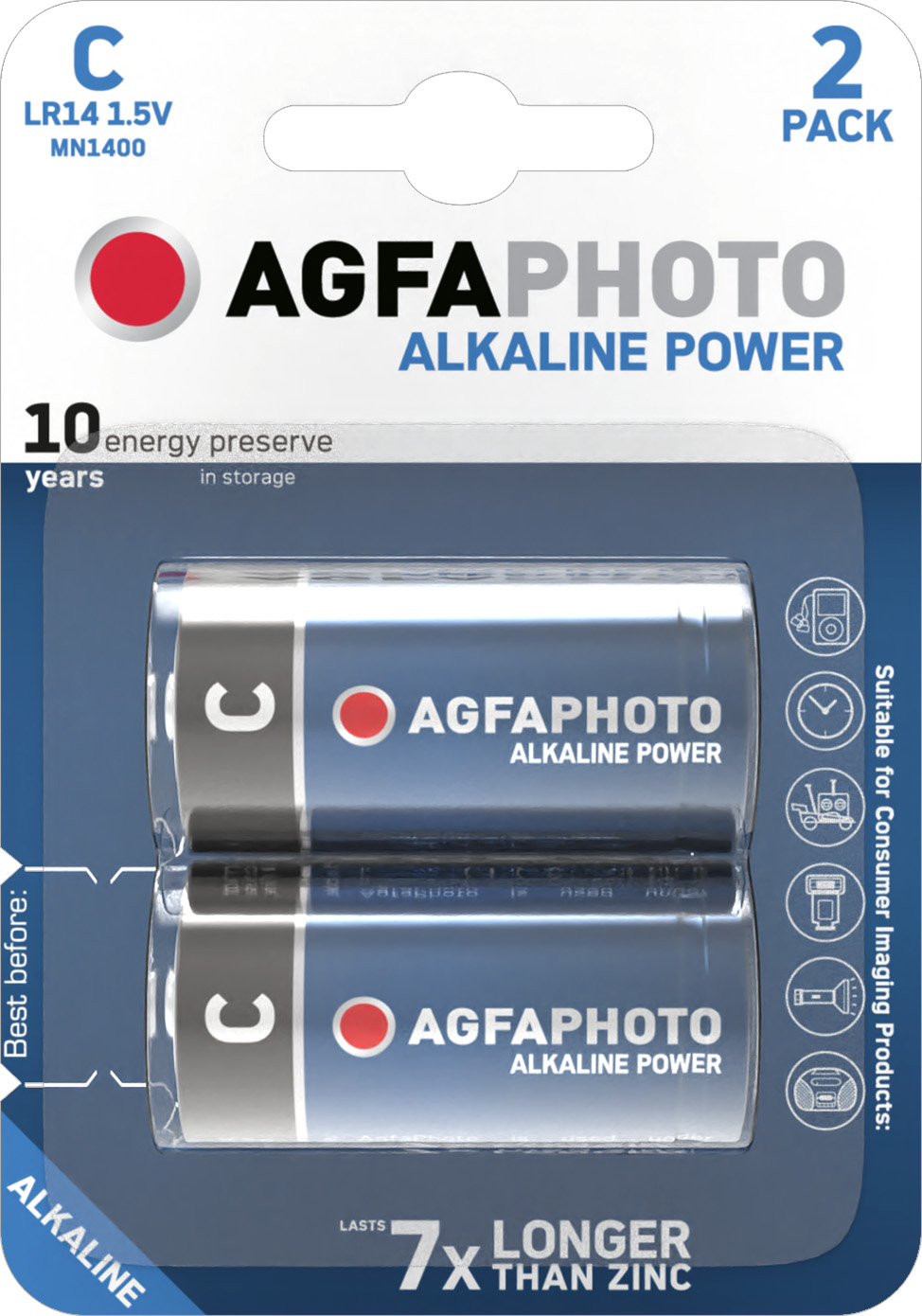 Agfaphoto Batterie Alkaline, Baby, C, LR14, 1.5V Power, Retail Blister (2-Pack)