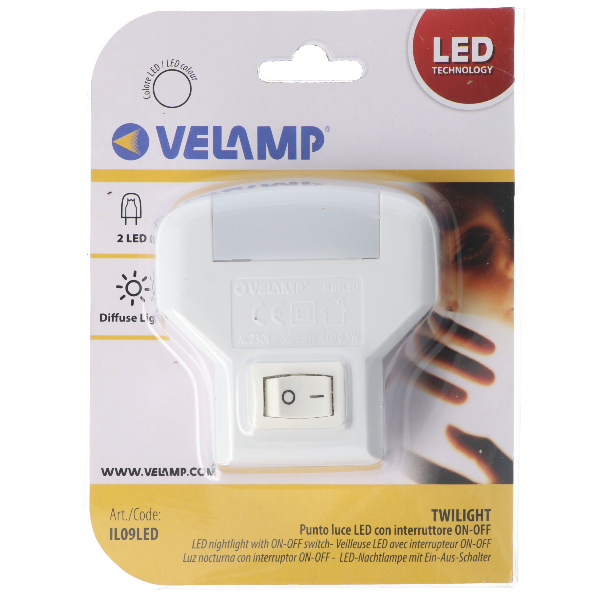 Velamp TWILIGHT, LED-Nachtlicht mit ON/OFF-Schalter, vertikale Buchse, Orientierungslicht mit 2 LEDs