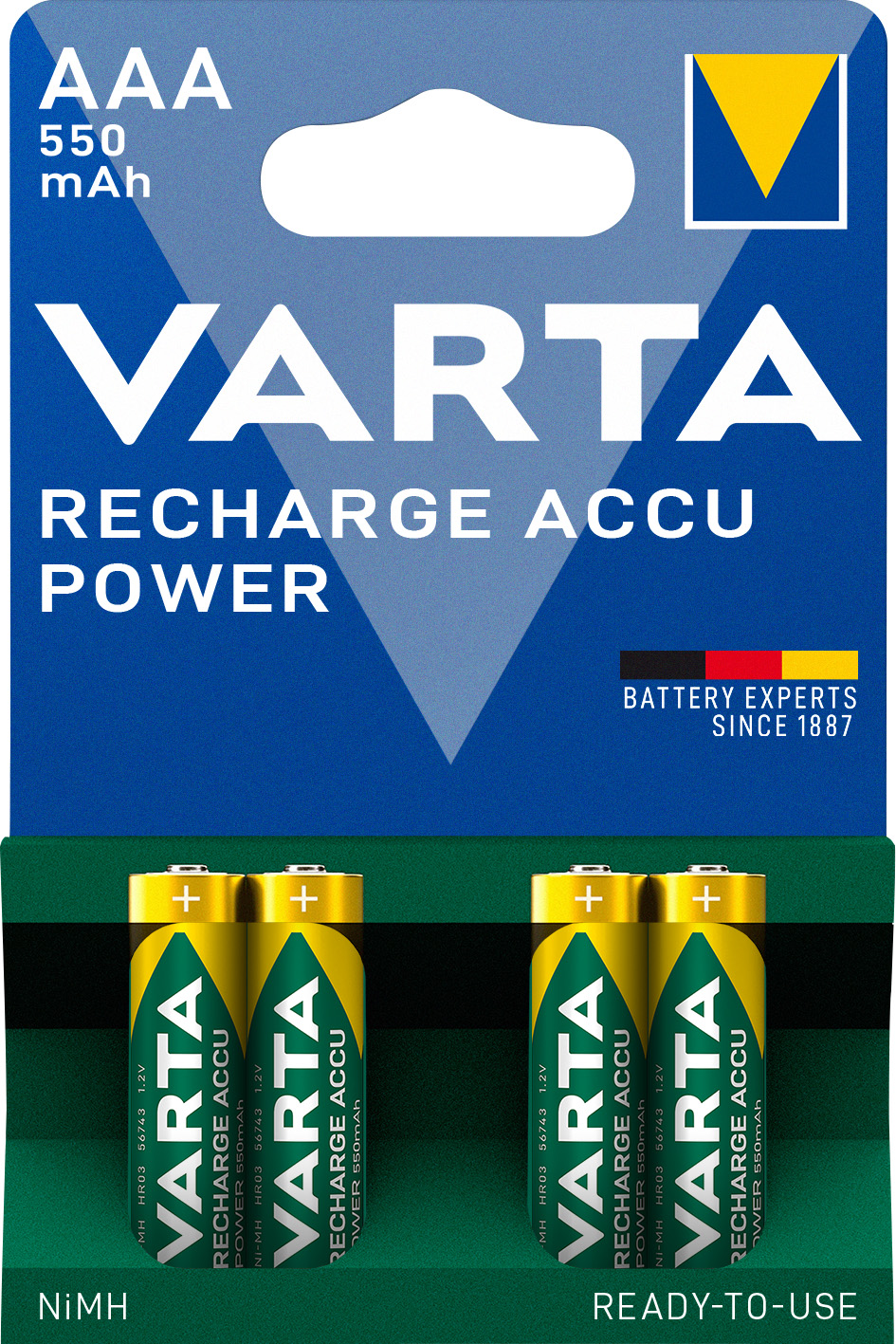 Varta Akku NiMH, Micro, AAA, HR03, 1.2V/550mAh Accu Power, Pre-charged, Retail Blister (4-Pack)